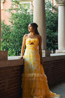 Load image into Gallery viewer, Yellow Flower A Line Strapless Tiered Long Prom Dress with Ruffles