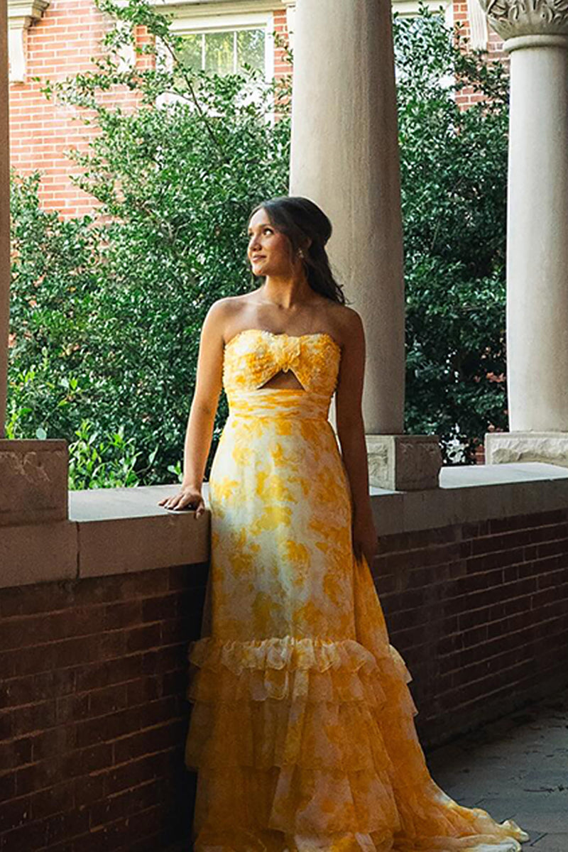Load image into Gallery viewer, Yellow Flower A Line Strapless Tiered Long Prom Dress with Ruffles