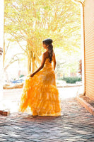 Load image into Gallery viewer, Yellow Flower A Line Strapless Tiered Long Prom Dress with Ruffles
