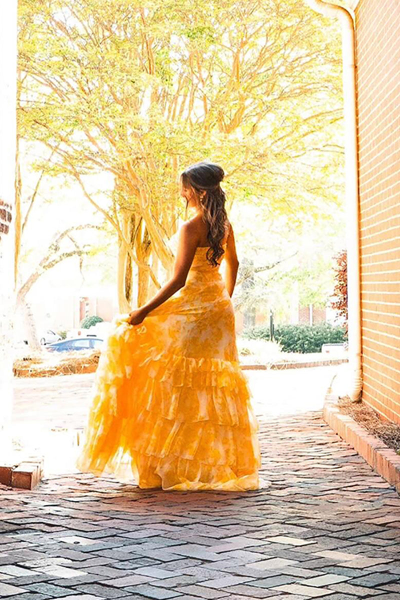 Load image into Gallery viewer, Yellow Flower A Line Strapless Tiered Long Prom Dress with Ruffles