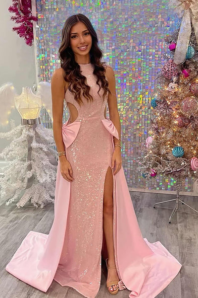 Sparkly Blush Mermaid Maxi Prom Dress with Cape