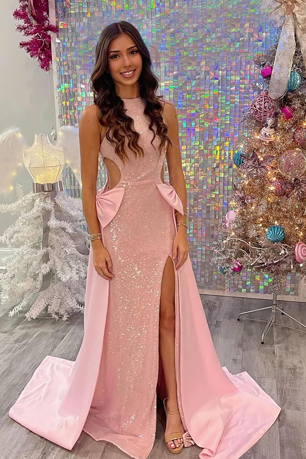 Sparkly Blush Mermaid Maxi Prom Dress with Cape