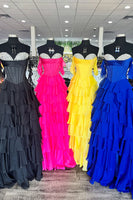 Load image into Gallery viewer, Sparkly Black Tiered Ruffled Long Corset Prom Dress with Beading