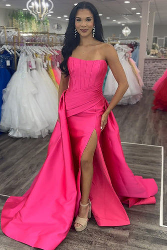 Fuchsia Mermaid Strapless Satin Long Corset Prom Dress with Cape