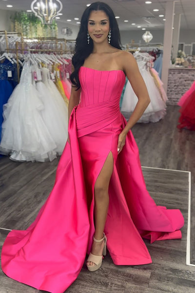 Fuchsia Mermaid Strapless Satin Long Corset Prom Dress with Cape