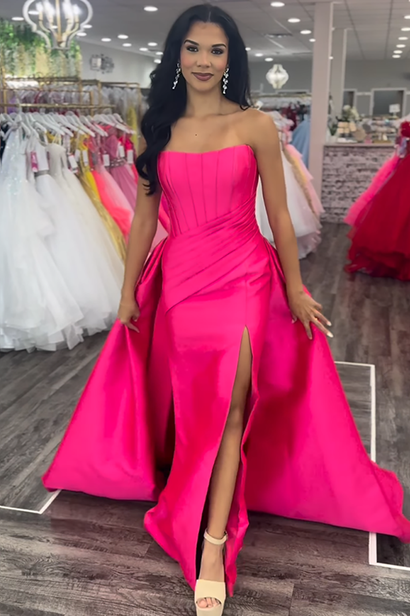 Load image into Gallery viewer, Fuchsia Mermaid Strapless Satin Long Corset Prom Dress with Cape