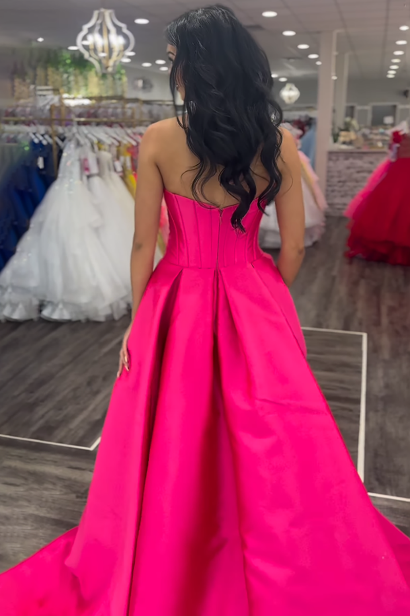 Load image into Gallery viewer, Fuchsia Mermaid Strapless Satin Long Corset Prom Dress with Cape