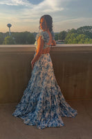 Load image into Gallery viewer, White Blue Flower A Line Tiered Ruffled Long Prom Dress with Slit