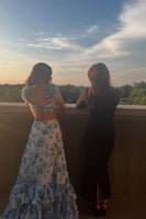 Load image into Gallery viewer, White Blue Flower A Line Tiered Ruffled Long Prom Dress with Slit