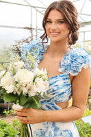 Load image into Gallery viewer, White Blue Flower A Line Tiered Ruffled Long Prom Dress with Slit
