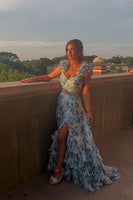 Load image into Gallery viewer, White Blue Flower A Line Tiered Ruffled Long Prom Dress with Slit