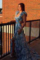 Load image into Gallery viewer, White Blue Flower A Line Tiered Ruffled Long Prom Dress with Slit