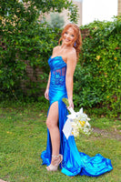 Load image into Gallery viewer, Royal Blue Sheath Sweetheart Long Corset Prom Dress with 3D Flower