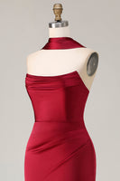 Load image into Gallery viewer, Burgundy Mermaid Neck Scarf Satin Ruched Long Prom Dress