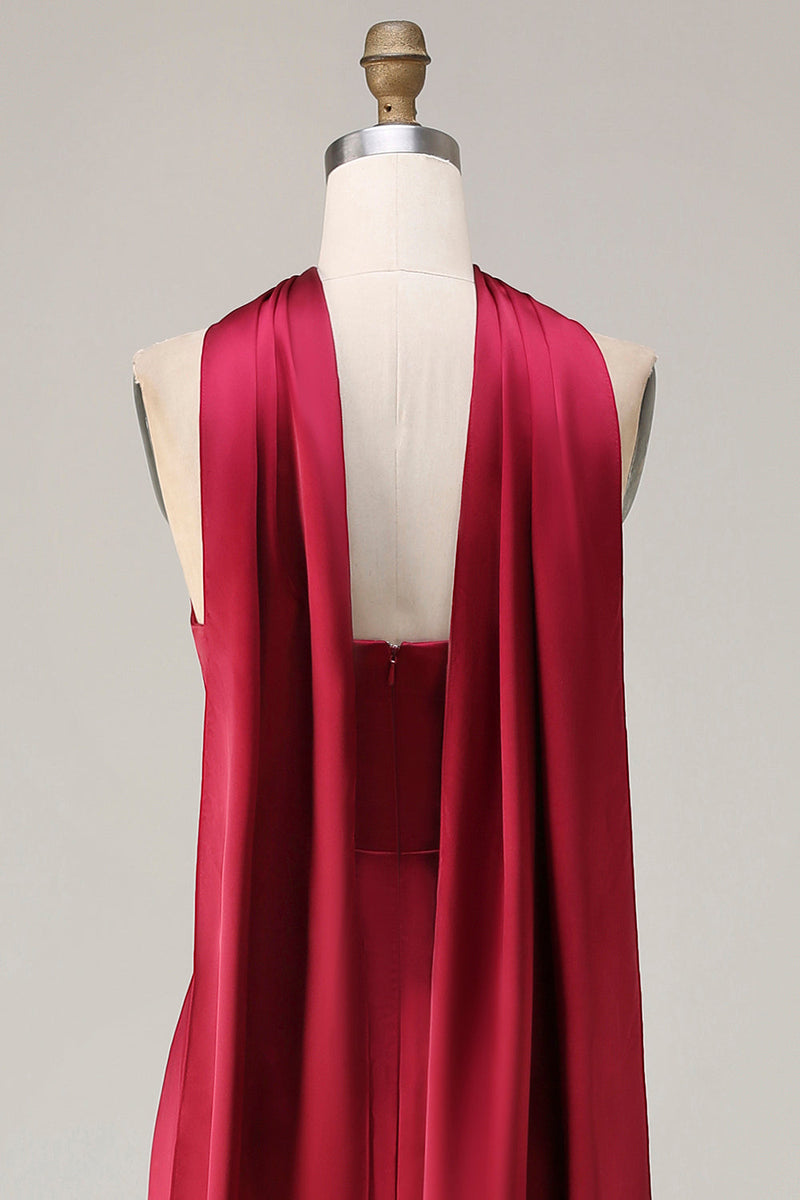 Load image into Gallery viewer, Burgundy Mermaid Neck Scarf Satin Ruched Long Prom Dress
