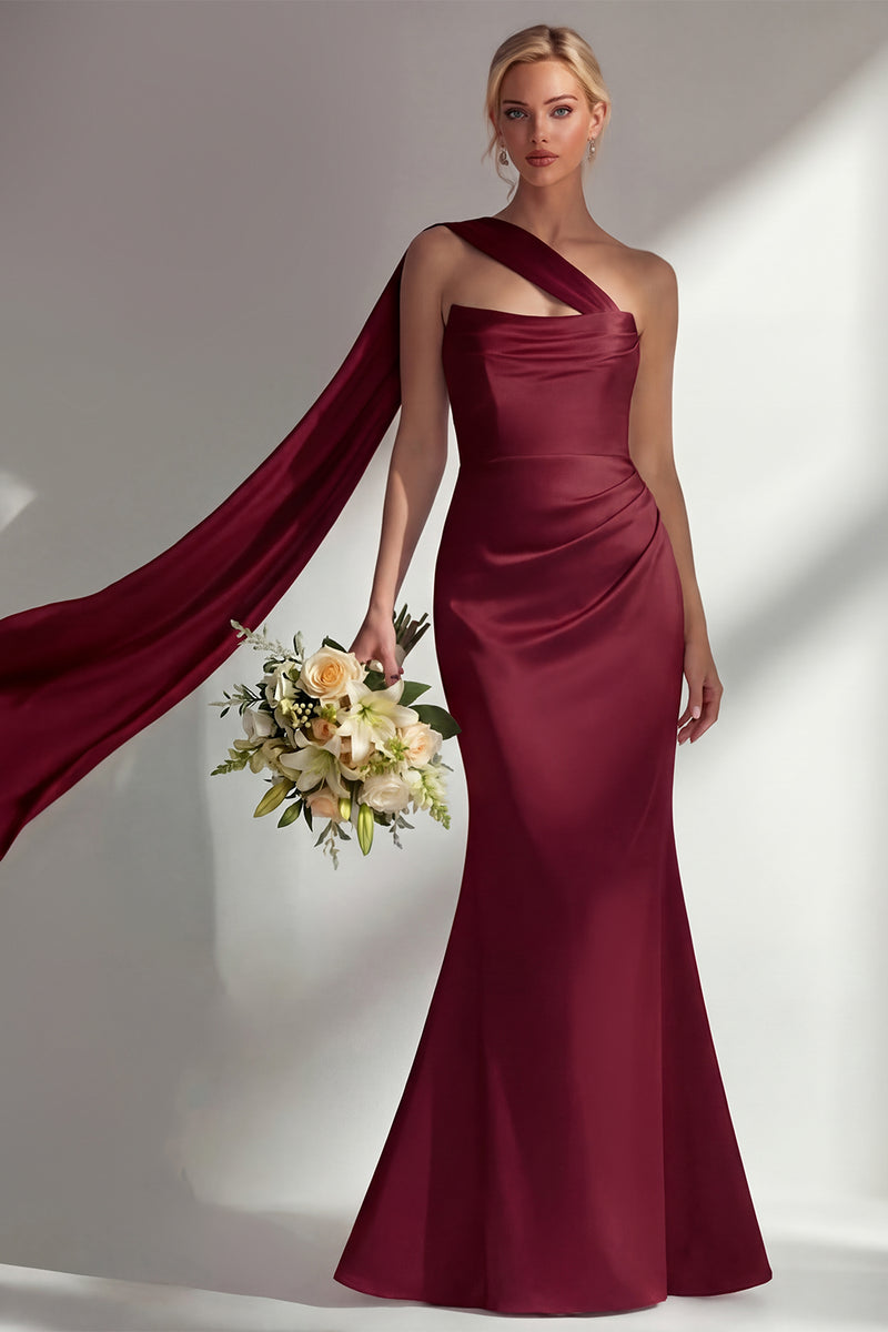 Load image into Gallery viewer, Burgundy Mermaid Neck Scarf Satin Ruched Long Prom Dress