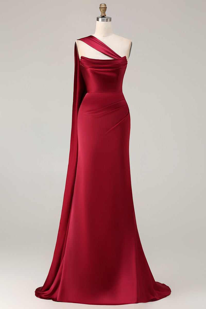 Load image into Gallery viewer, Burgundy Mermaid Neck Scarf Satin Ruched Long Prom Dress