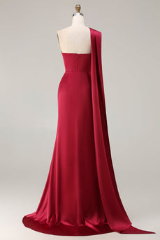 Burgundy Mermaid Neck Scarf Satin Ruched Long Prom Dress