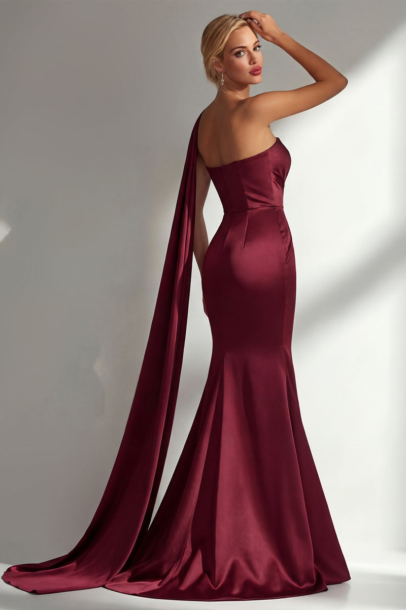 Load image into Gallery viewer, Burgundy Mermaid Neck Scarf Satin Ruched Long Prom Dress