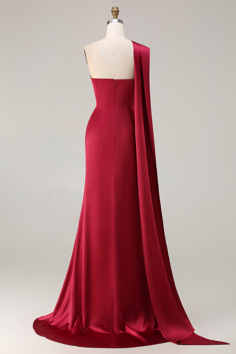 Load image into Gallery viewer, Burgundy Mermaid Neck Scarf Satin Ruched Long Prom Dress