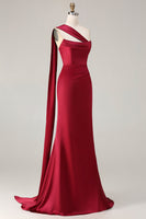 Load image into Gallery viewer, Burgundy Mermaid Neck Scarf Satin Ruched Long Prom Dress