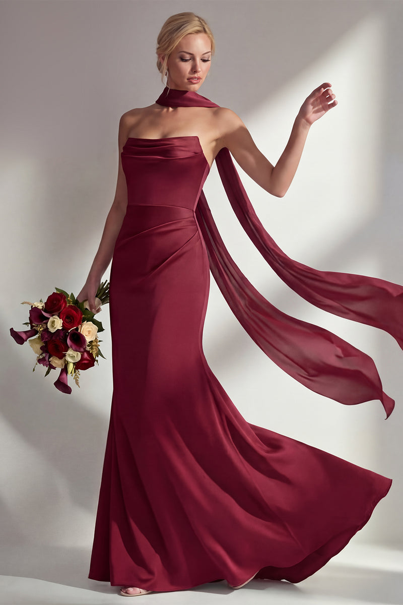 Load image into Gallery viewer, Burgundy Mermaid Neck Scarf Satin Ruched Long Prom Dress