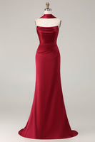 Load image into Gallery viewer, Burgundy Mermaid Neck Scarf Satin Ruched Long Prom Dress