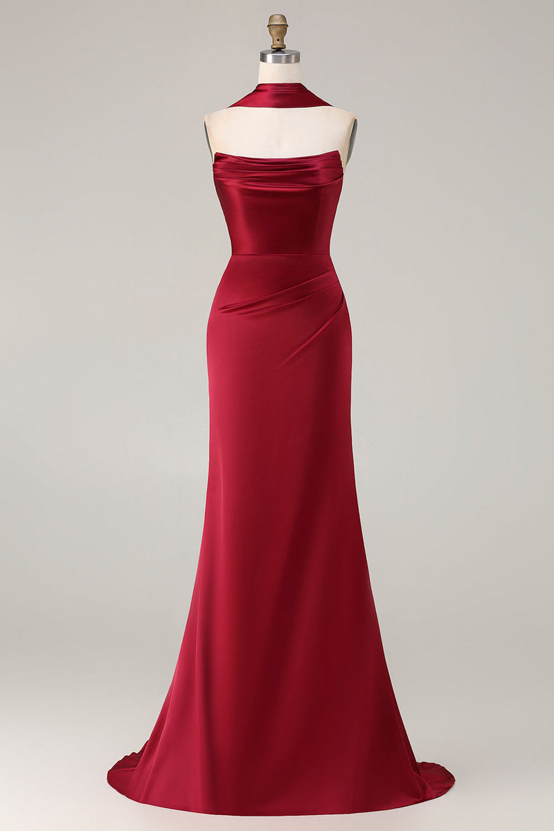 Load image into Gallery viewer, Burgundy Mermaid Neck Scarf Satin Ruched Long Prom Dress