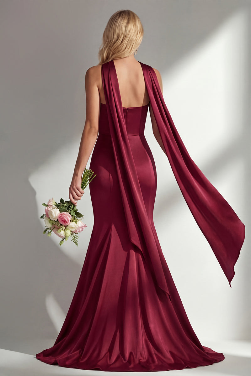 Load image into Gallery viewer, Burgundy Mermaid Neck Scarf Satin Ruched Long Prom Dress