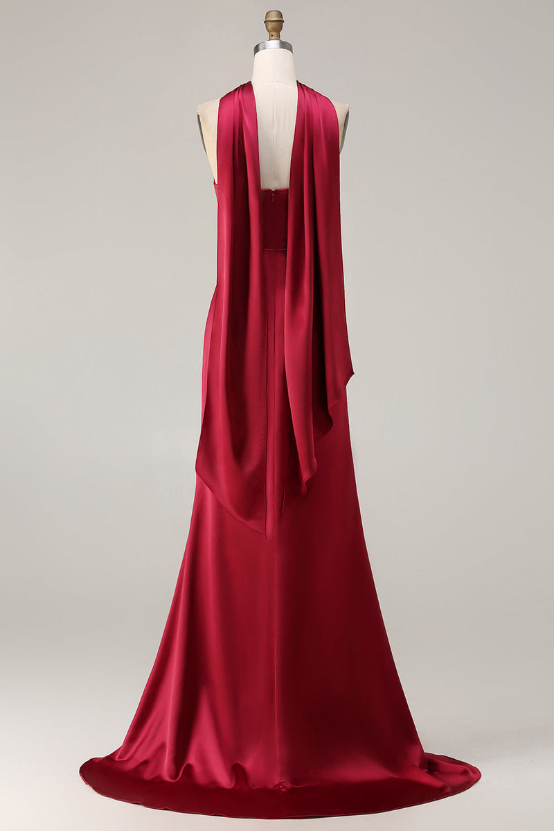 Load image into Gallery viewer, Burgundy Mermaid Neck Scarf Satin Ruched Long Prom Dress