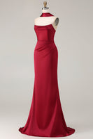Load image into Gallery viewer, Burgundy Mermaid Neck Scarf Satin Ruched Long Prom Dress