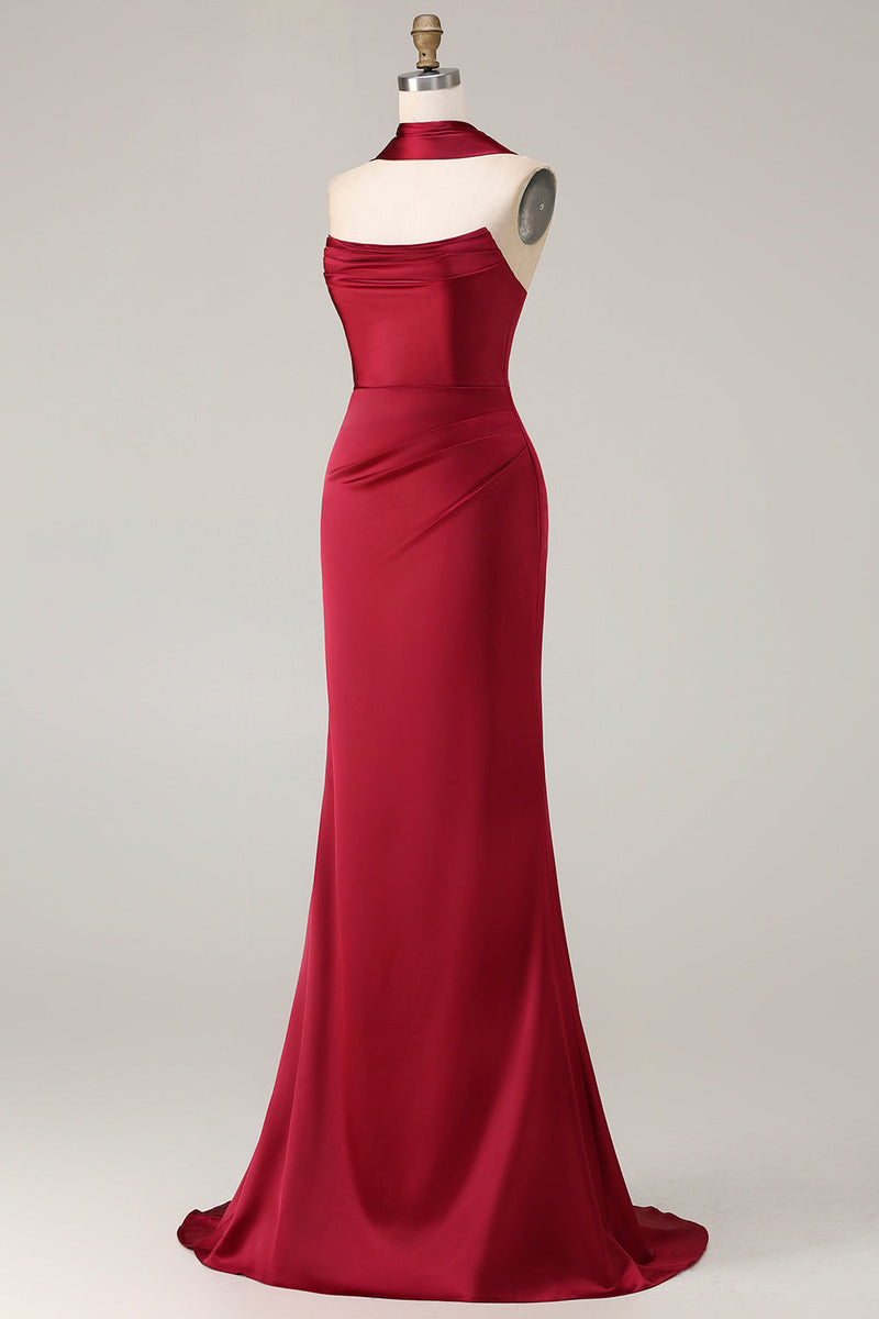 Load image into Gallery viewer, Burgundy Mermaid Neck Scarf Satin Ruched Long Prom Dress