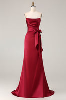 Load image into Gallery viewer, Burgundy Mermaid Neck Scarf Satin Ruched Long Prom Dress