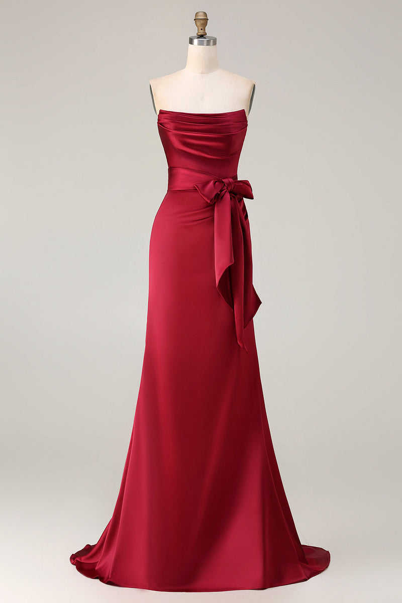 Load image into Gallery viewer, Burgundy Mermaid Neck Scarf Satin Ruched Long Prom Dress