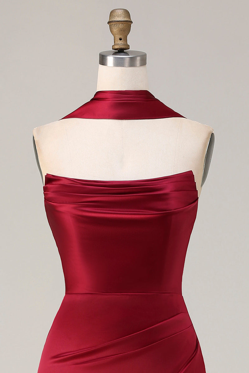 Load image into Gallery viewer, Burgundy Mermaid Neck Scarf Satin Ruched Long Prom Dress