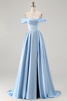 Load image into Gallery viewer, Blue A Line Off the Shoulder Satin Long Prom Dress with Slit