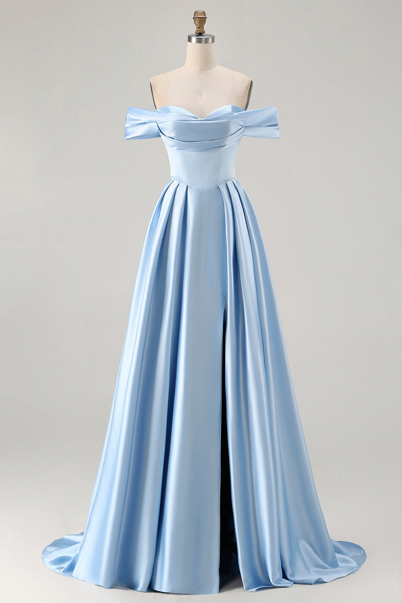 Load image into Gallery viewer, Blue A Line Off the Shoulder Satin Long Prom Dress with Slit