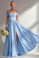 Load image into Gallery viewer, Blue A Line Off the Shoulder Satin Long Prom Dress with Slit