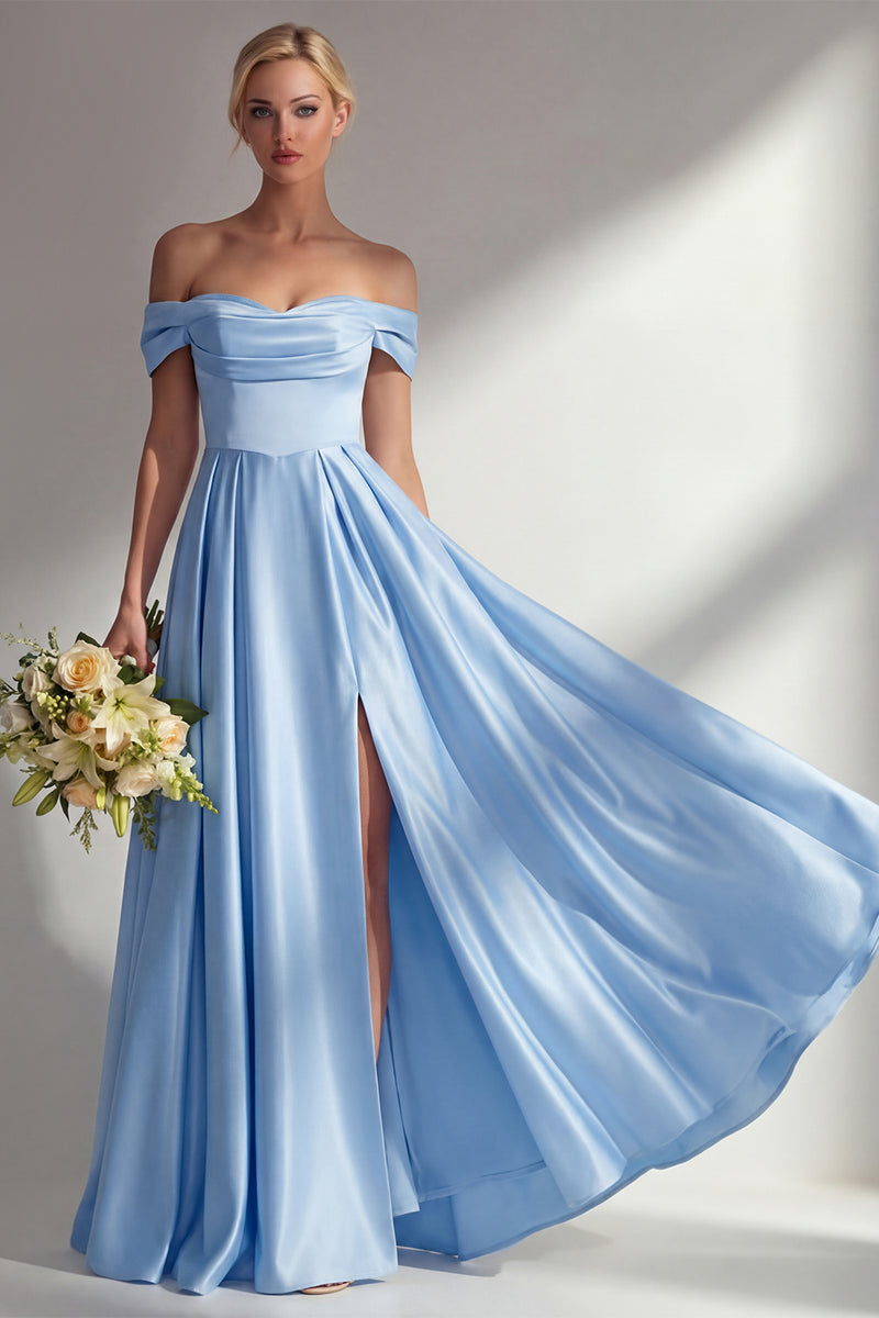 Load image into Gallery viewer, Blue A Line Off the Shoulder Satin Long Prom Dress with Slit