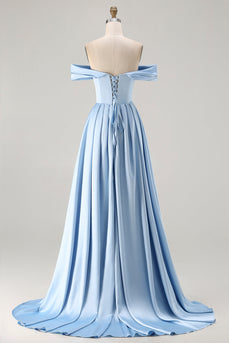 Blue A Line Off the Shoulder Satin Long Prom Dress with Slit