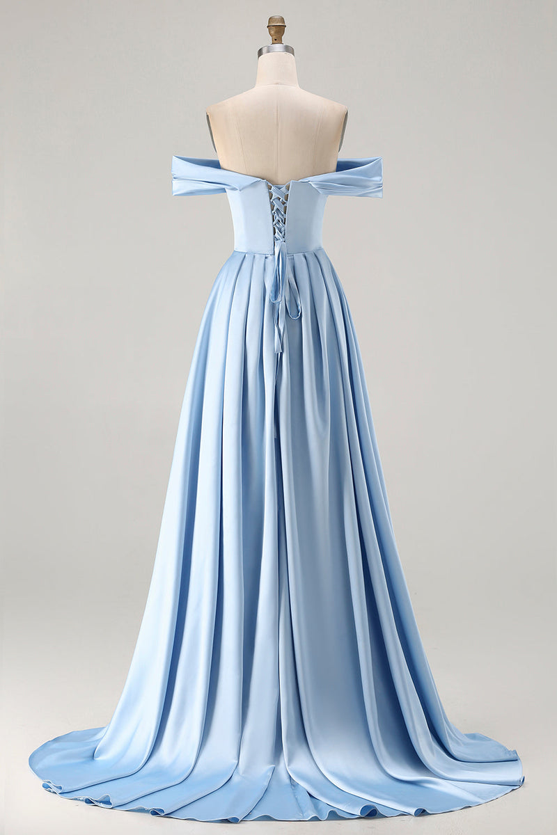 Load image into Gallery viewer, Blue A Line Off the Shoulder Satin Long Prom Dress with Slit
