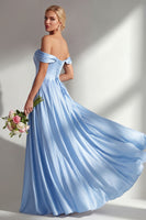 Load image into Gallery viewer, Blue A Line Off the Shoulder Satin Long Prom Dress with Slit