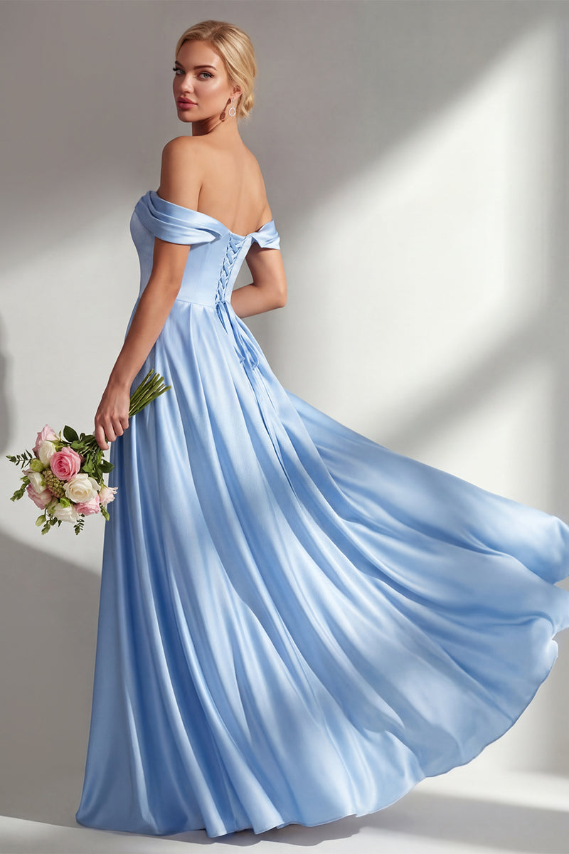 Load image into Gallery viewer, Blue A Line Off the Shoulder Satin Long Prom Dress with Slit