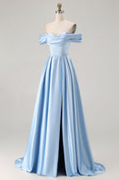 Load image into Gallery viewer, Blue A Line Off the Shoulder Satin Long Prom Dress with Slit