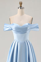 Load image into Gallery viewer, Blue A Line Off the Shoulder Satin Long Prom Dress with Slit