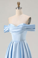 Load image into Gallery viewer, Blue A Line Off the Shoulder Satin Long Prom Dress with Slit