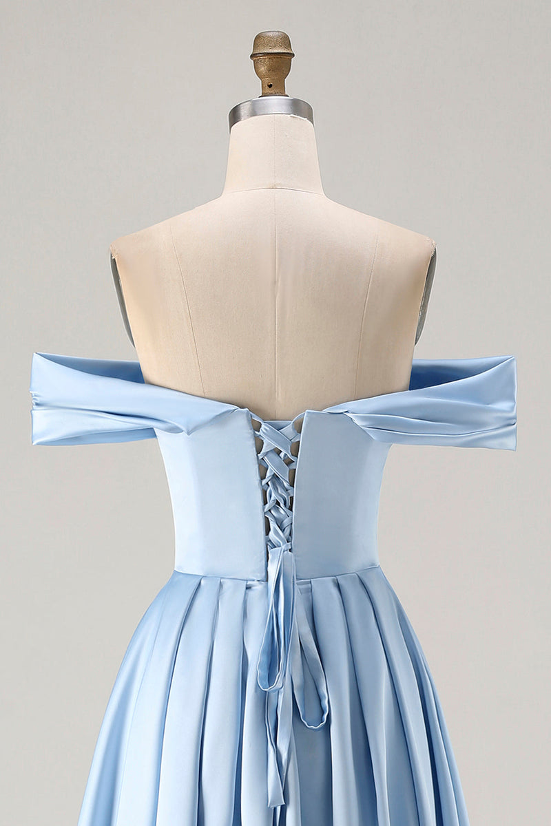 Load image into Gallery viewer, Blue A Line Off the Shoulder Satin Long Prom Dress with Slit