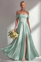 Load image into Gallery viewer, Blue A Line Off the Shoulder Satin Long Prom Dress with Slit