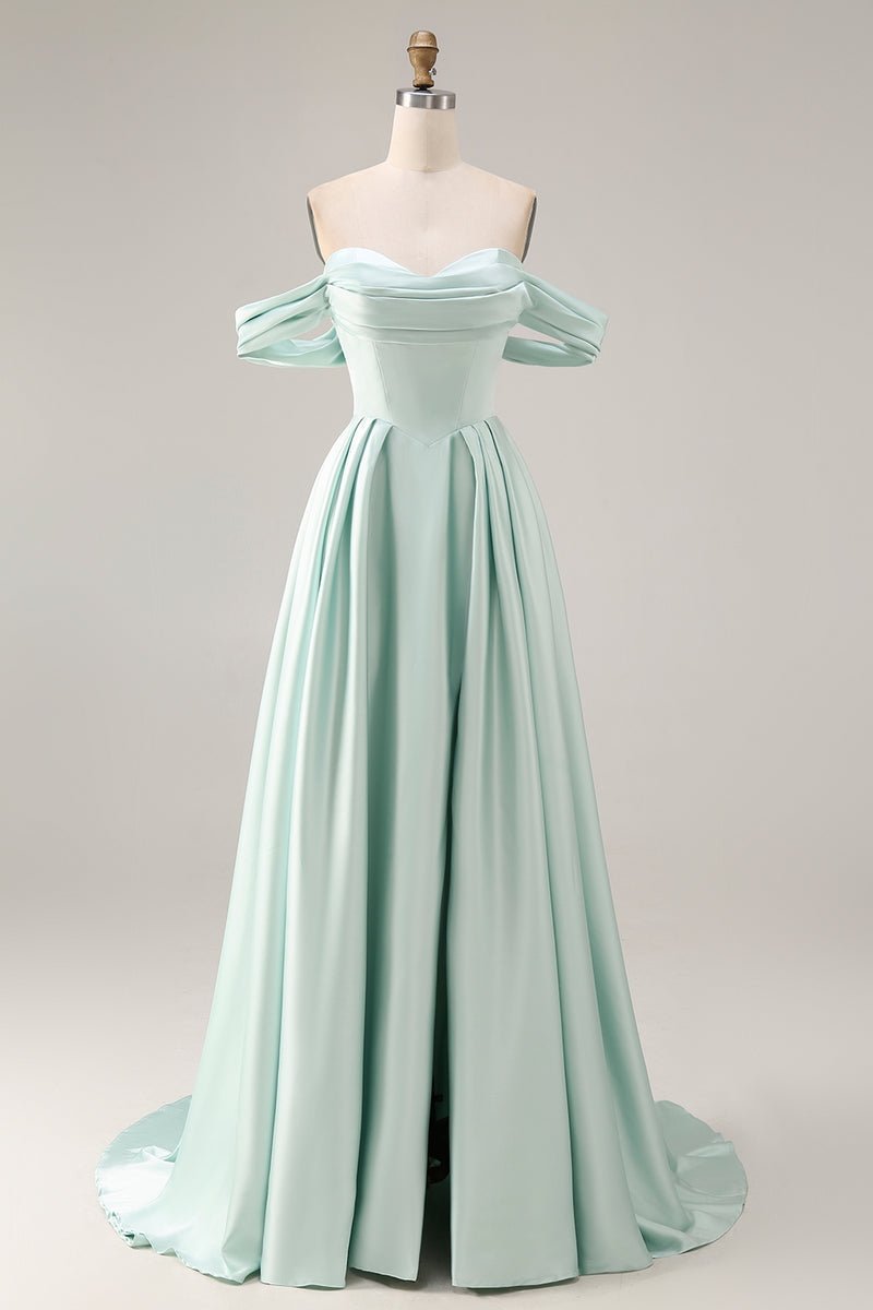 Load image into Gallery viewer, Blue A Line Off the Shoulder Satin Long Prom Dress with Slit