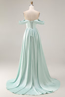 Load image into Gallery viewer, Blue A Line Off the Shoulder Satin Long Prom Dress with Slit